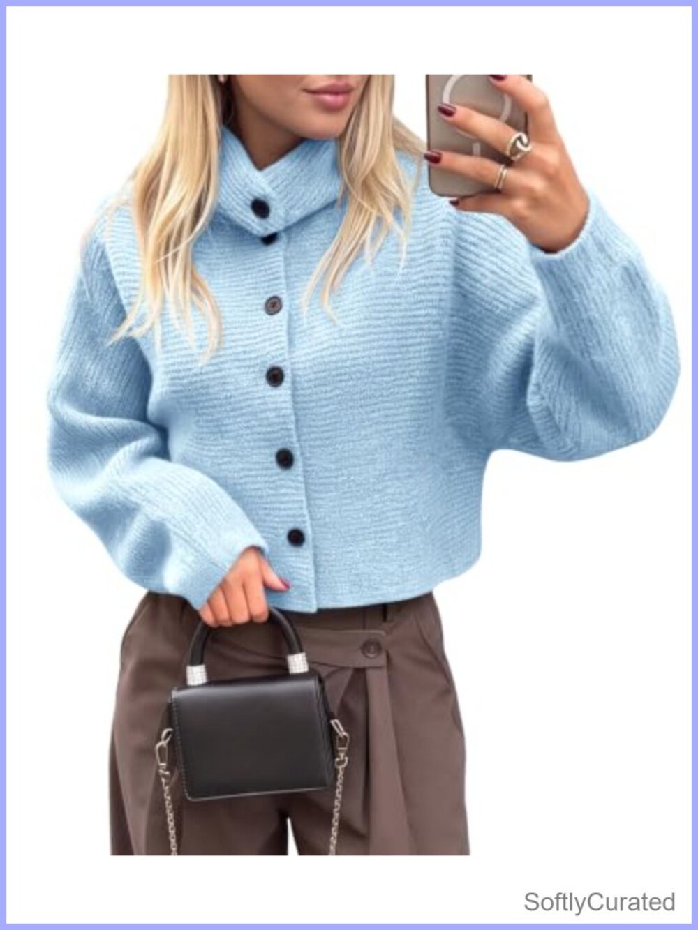Mock Neck Button Down Cropped Cardigan Lantern Sleeve Knit Sweater